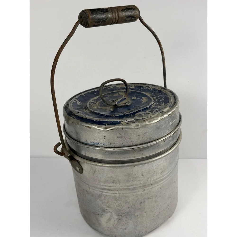 Vintage Aluminum Two Tier Stackable Lunch Pail Wood Handle Blue Lid Primitive